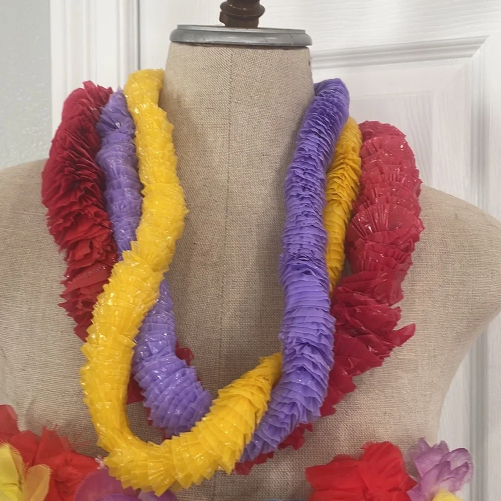 Vintage Hawaiian luau grass hula skirt costume floral bikini top leis girls 5 pc